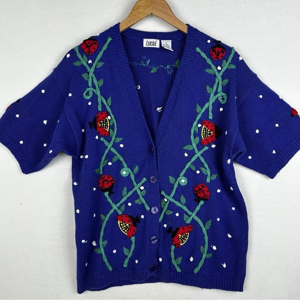 Vintage Lucia Ladybug Sweater Cardigan Blue Button Up Short Sleeve Women’s Small